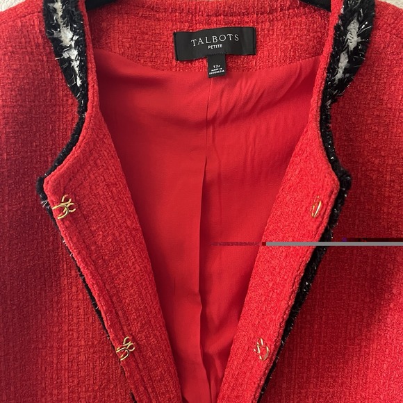 Talbots Red Tweed Jacket Size 12P Fringe Gold Buttons Red White Old Money Preppy - Picture 8 of 14